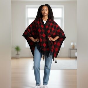 Red & Black Plaid Knit Poncho With Fringe. One Size